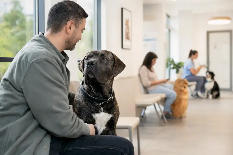 Ein ruhiger Bandog Hund sitzt neben seinem Besitzer in einem modernen Wartezimmer einer Tierarztpraxis.